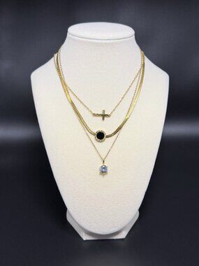 3 Separate Gold Necklaces Cross Black Pendant CZ Drop Minimalist Layered Set